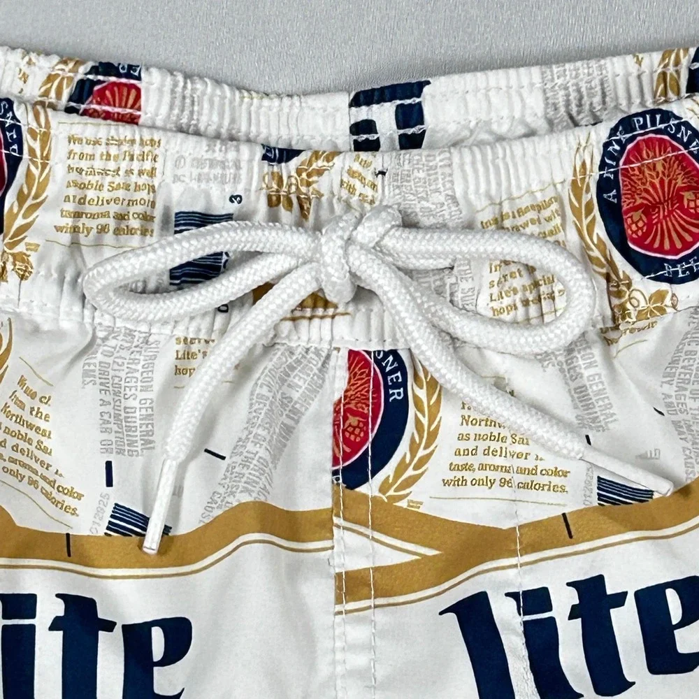 Miller Lite Beer Label Swim Trunks Men's Small White Logo Print Board Shorts